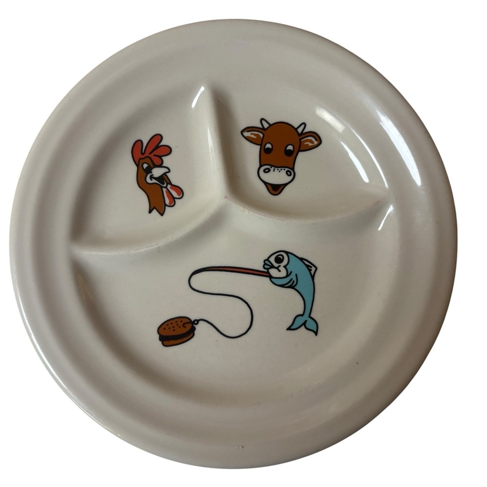 Sterling China Restaurant Ware Child's Divided Plate Rooster Cow Fish 9"